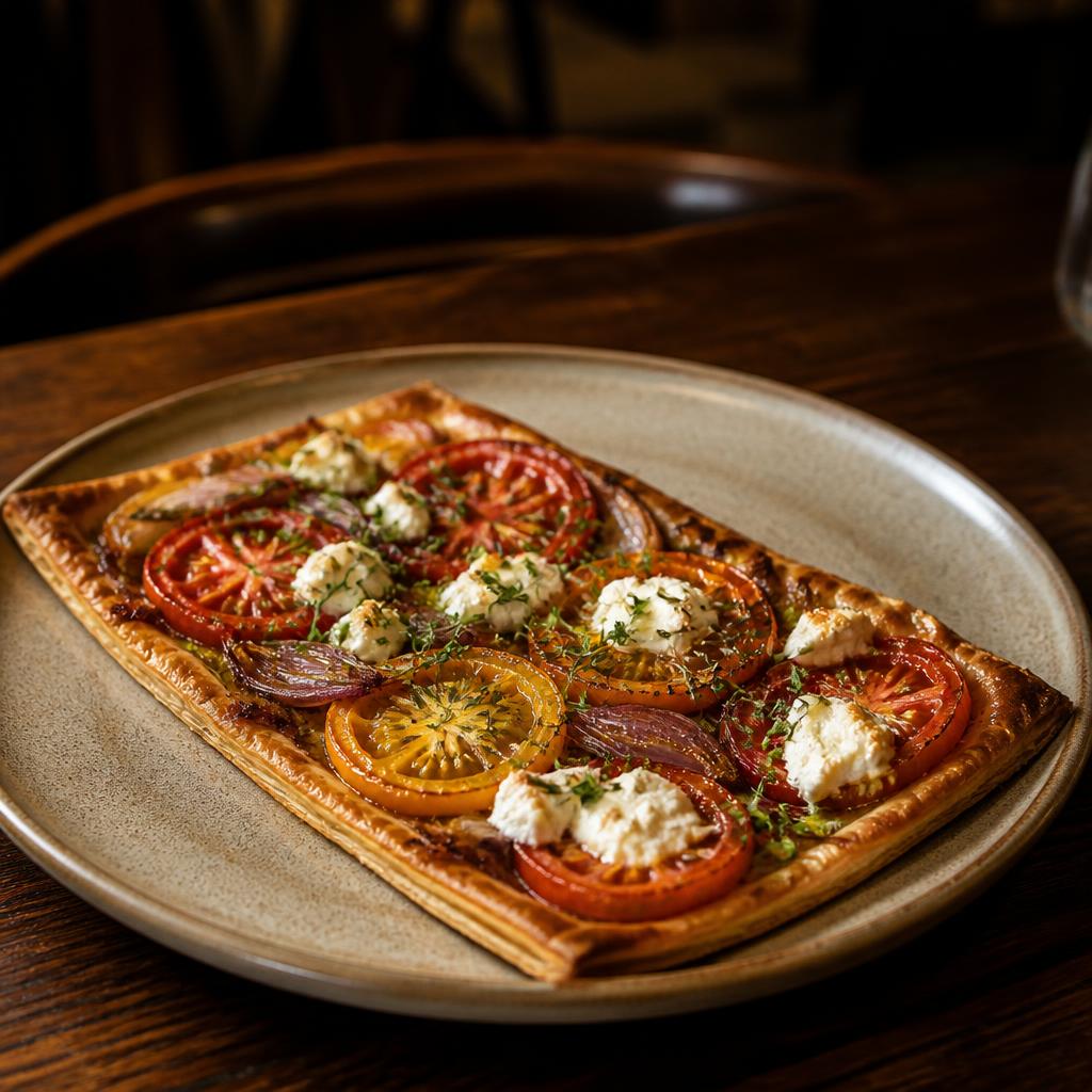 Heritage tomato, Kidderton Ash goat cheese & shallot tarte fine